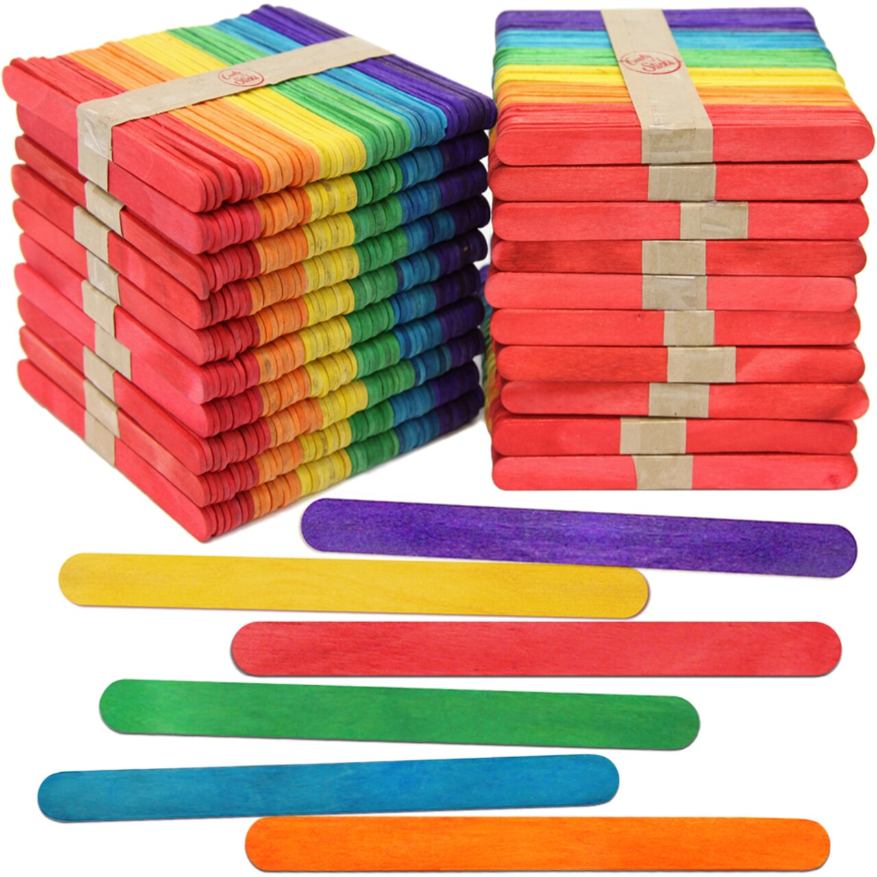 CraftySticks Colored Wood Craft Sticks 4.5 Inch, Red Orange Yellow Green Blue Purple White Black Pink Brown Popsicle Sticks